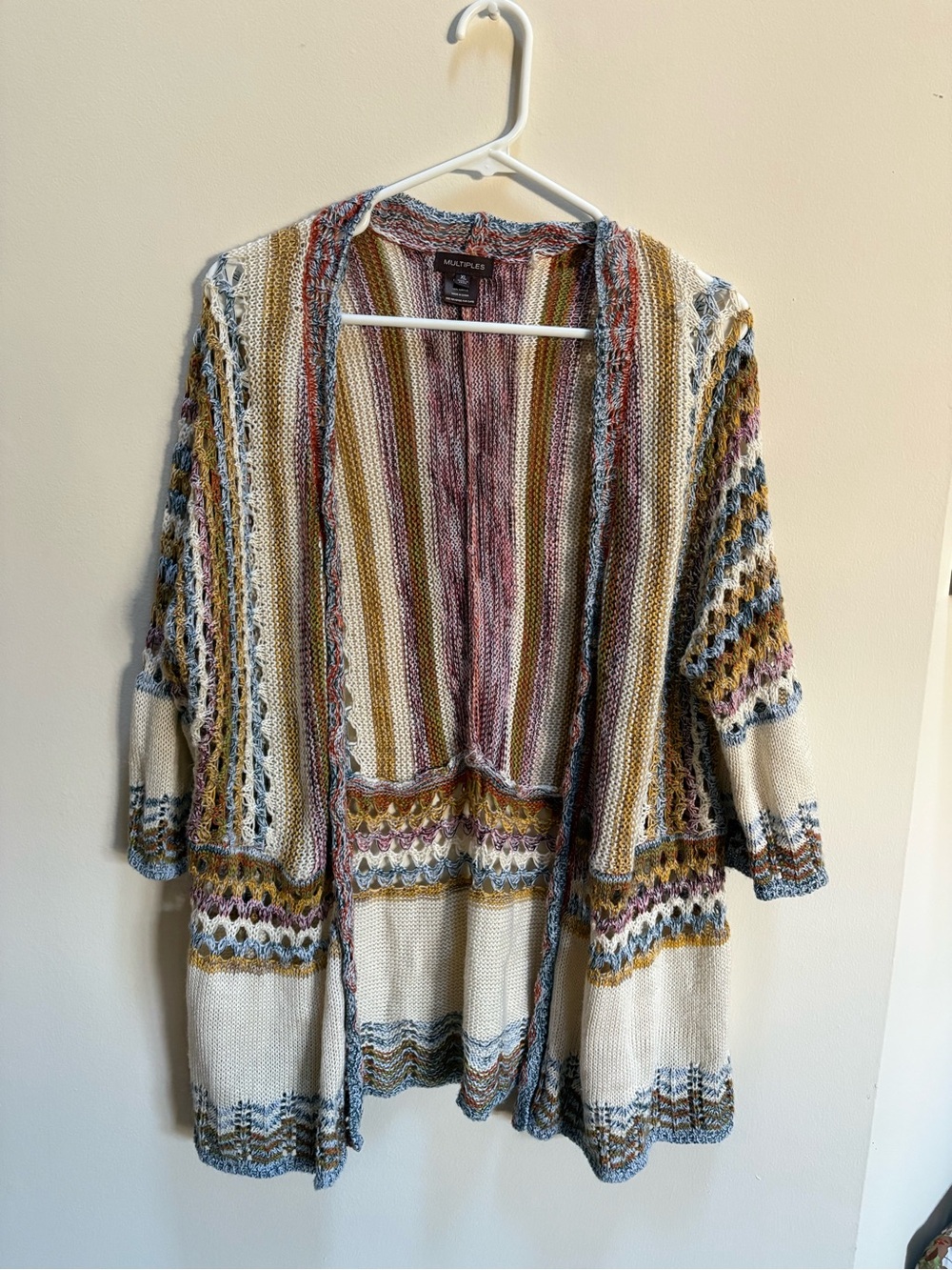 Multiples Multi-Striped Open Knit Cardigan - Ivory, Mustard, Pink, Blue